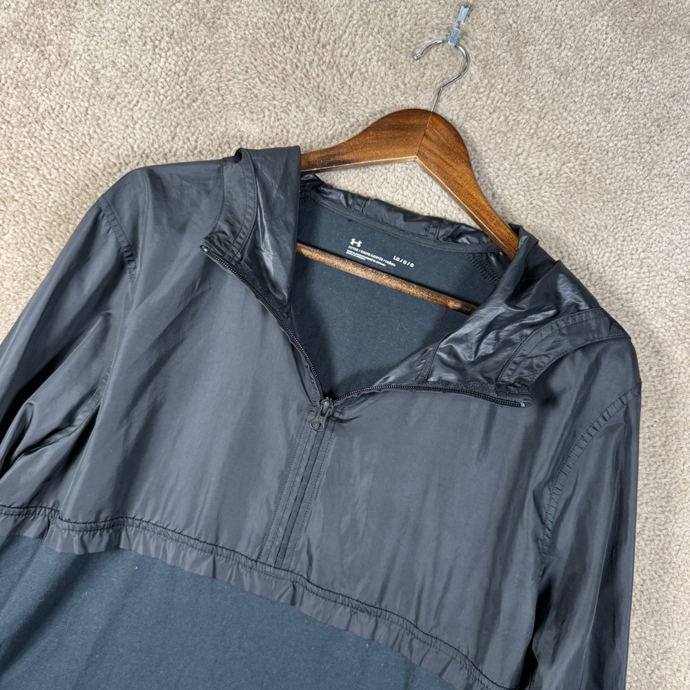 Under Armour Windbreaker Mens Large Black Hybrid Quarter Zip Hooded Jacket